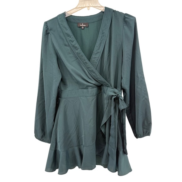 Lulus Dresses & Skirts - Lulus Emerald Green Satin Wrap Mini Dress Long Sleeve Tie Waist Ruffle XL